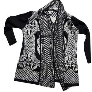 Outlander Open‎ Front Cardigan Sweater Black White Patterned Knit Large